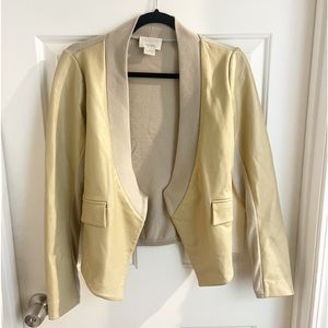 M Patmos Leather and Merino Wool Open Front Jacket Size XS Metallic Gold…